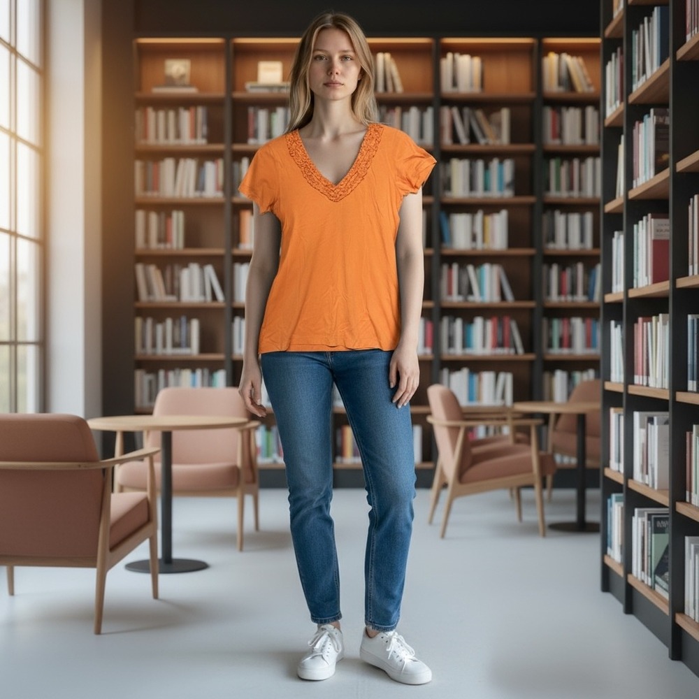 Polo Jeans Company Ralph Lauren Orange Ruffle V‎ Neck T Shirt Women M Cotton